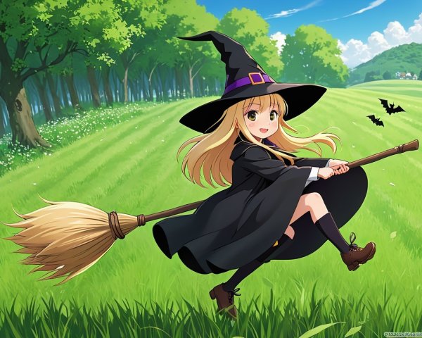 Cheerful young witch flying on broomstick in landscape