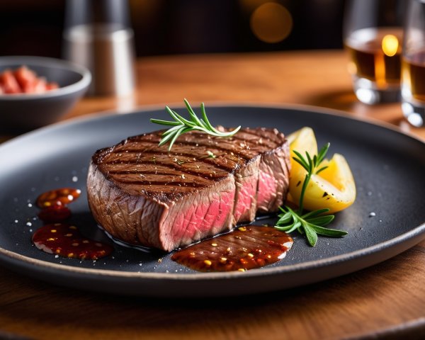 Close-Up of Medium-Rare Steak with Sides and Sauce