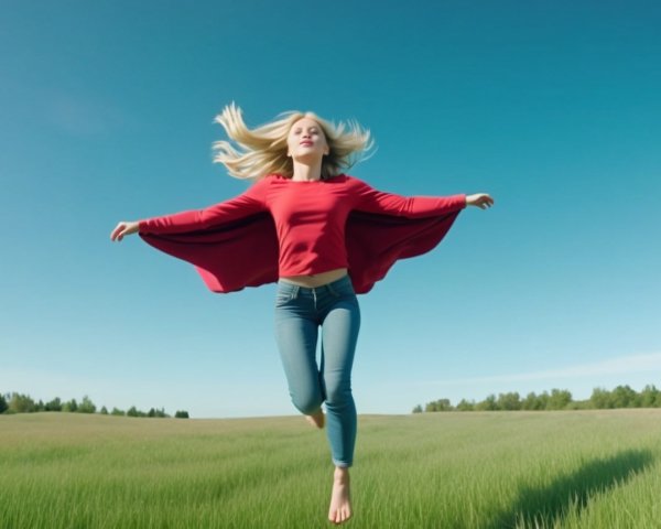 Young woman in red top leaping in sunny field
