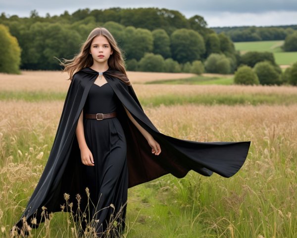 Young woman in black cloak walks through golden field