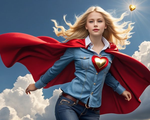 Young superhero girl flying in a bright sky setting