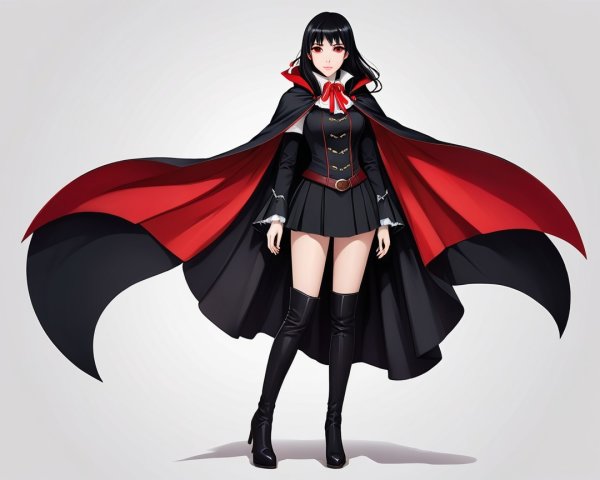 Dramatic Black and Red Outfit with Flowing Cape