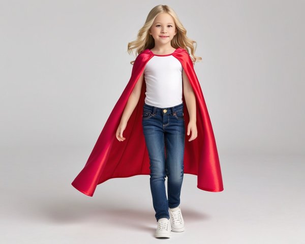 Young girl in white tank top and red cape outfit