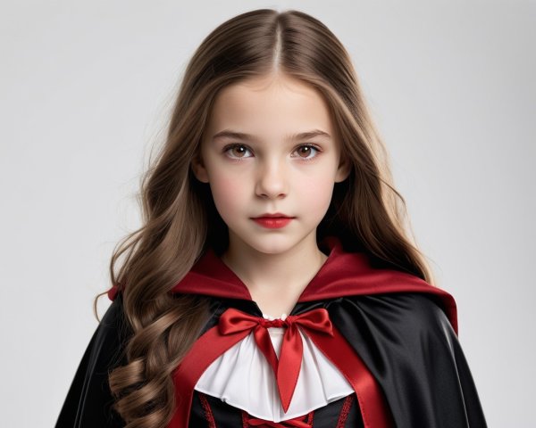 Young girl in classic vampire costume with cape