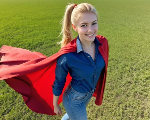 Young woman in denim and cape in green field