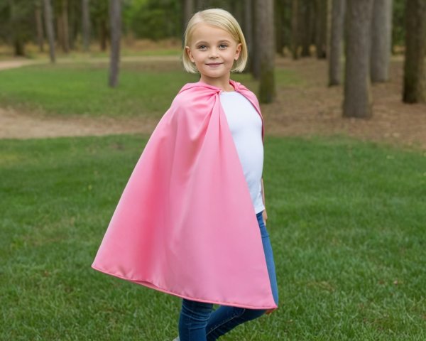 Child in Pink Cape Smiling in Green Park Setting