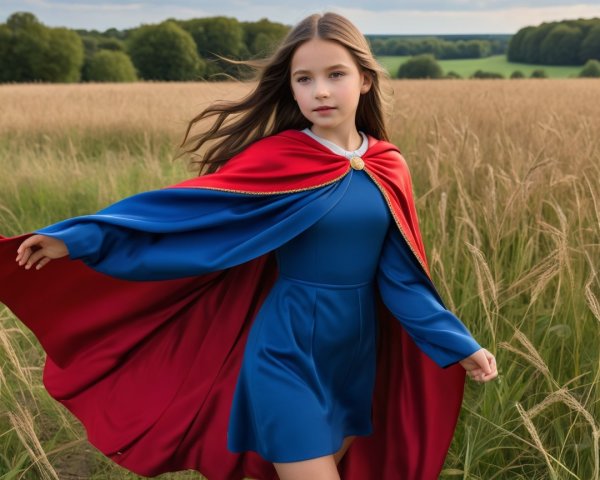 Young girl in blue dress with red cape in field