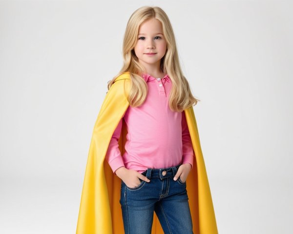 Young girl in pink shirt and yellow cape, confident pose