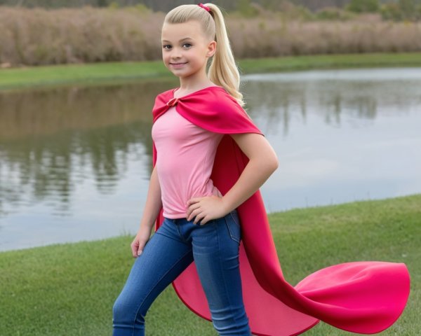 Young girl in pink cape by serene pond setting
