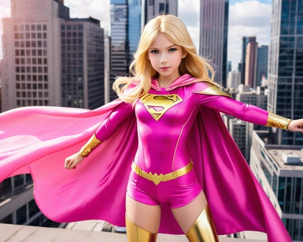 Young blonde Supergirl in pink and gold outfit on rooftop