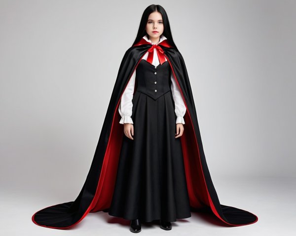 Vampire-Inspired Outfit with Black Cape and Red Accents