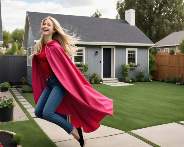 Girl in Red Cape Jumps in Green Yard with House