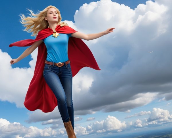 Confident Young Woman in Blue Sky with Red Cape