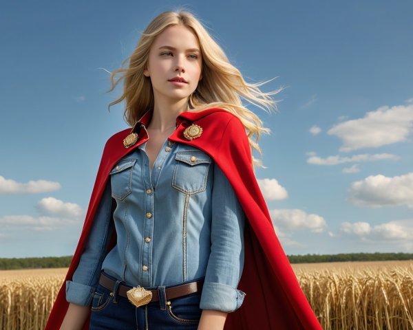 Young Woman in Wheat Field with Red Cape and Denim Shirt