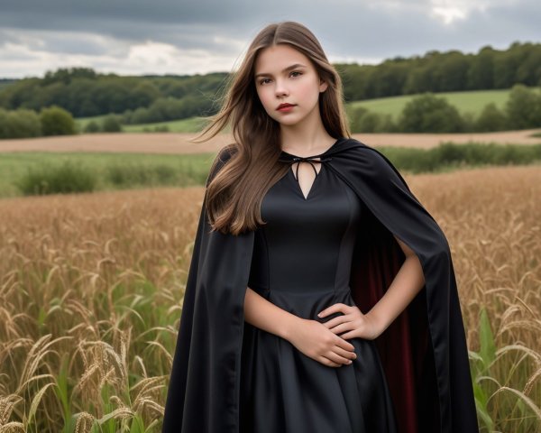 Young woman in black dress in golden field landscape