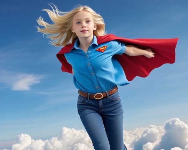 Young girl in blue shirt and red cape in bright sky