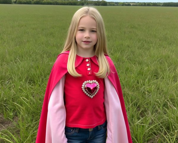 Young girl in vibrant outfit in grassy field