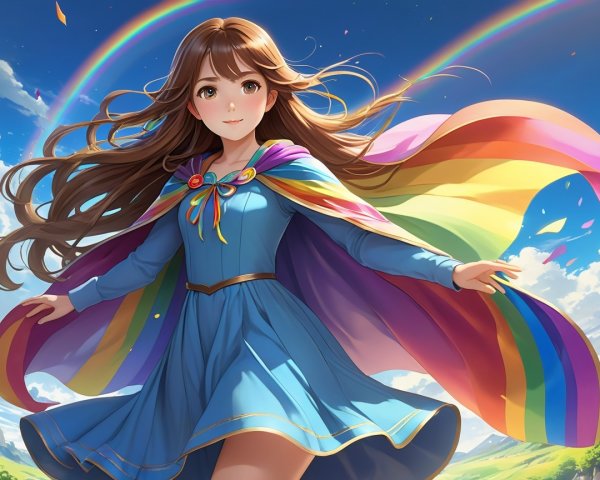 Young girl in blue dress in vibrant landscape with rainbows