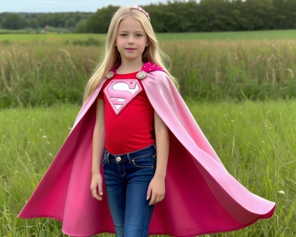 Young girl in superhero outfit in green field