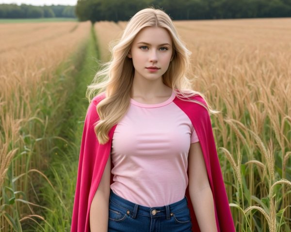 Young Woman in Golden Wheat Field with Pink Cape