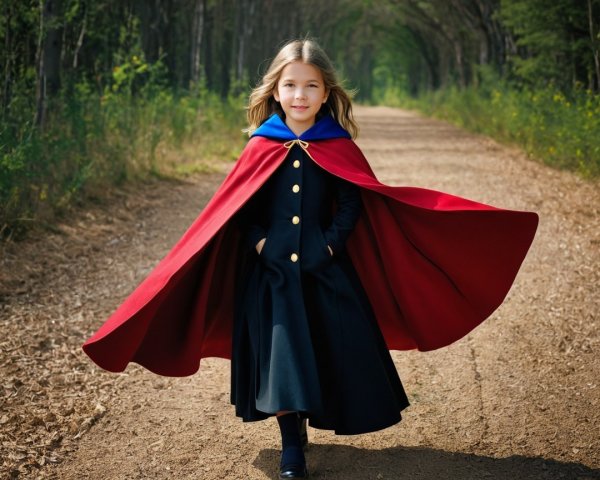 Young girl in red cape walking on tree-lined path