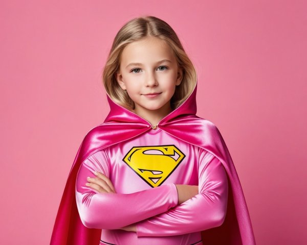 Young girl in pink superhero costume with cape
