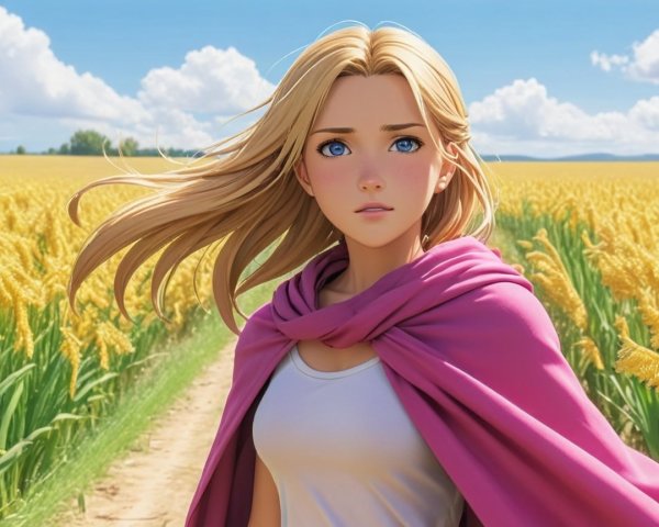 Young woman in golden field with pink cloak and blue sky