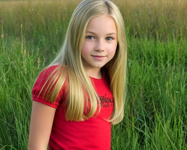 Waist-Up Portrait of a Young Girl in a Red T-Shirt