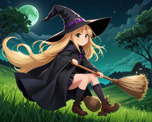 Cheerful young witch on a hill with broomstick and moon