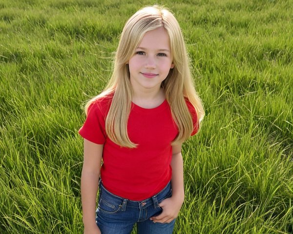 Young Girl in Green Field with Sunlit Blonde Hair