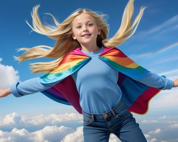 Young girl in rainbow cape soaring through blue sky
