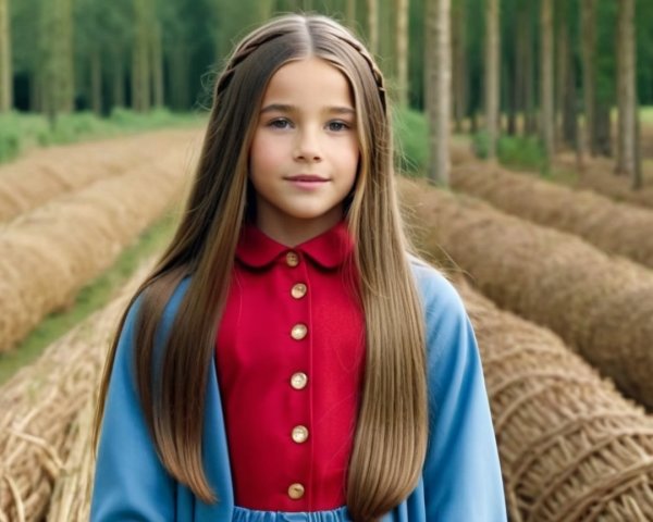 Young girl in field with hay bales and trees