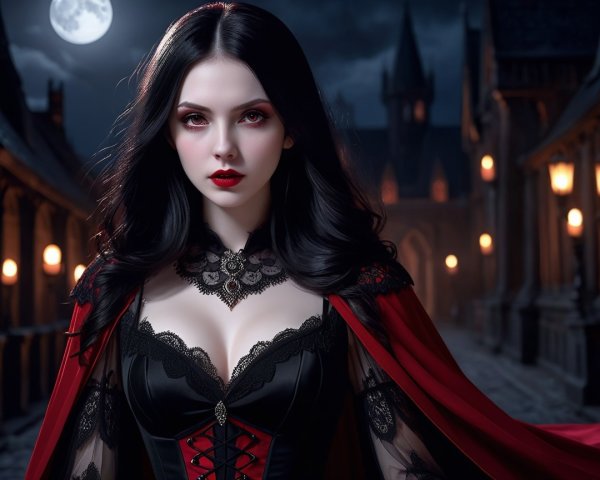 Mysterious Woman in Elegant Gown on Cobblestone Street