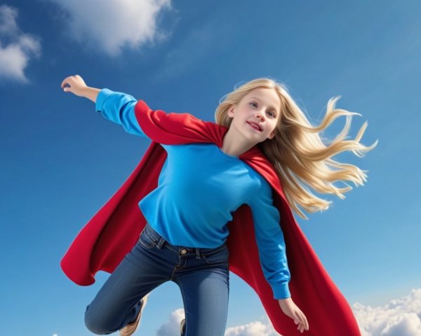Young girl in red cape flying in blue sky