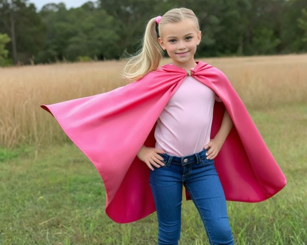 Young girl in pink cape poses in a grassy field