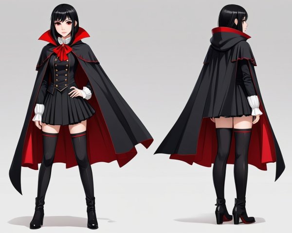 Character in Stylish Black and Red Outfit with Cape