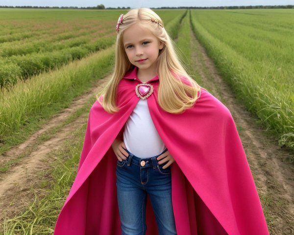 Young girl in pink cape with heart brooch in fields