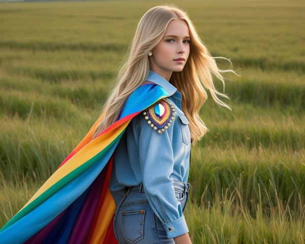 Young woman in denim and rainbow cape in green field