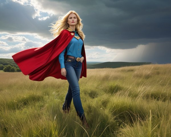 Confident figure in a grassy field with dramatic sky
