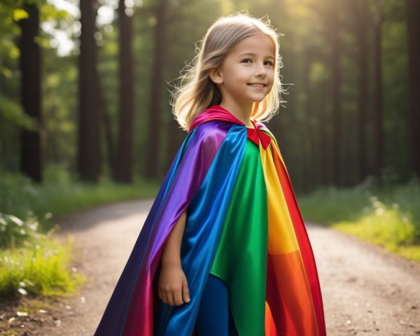 Young girl in rainbow cape on forest path