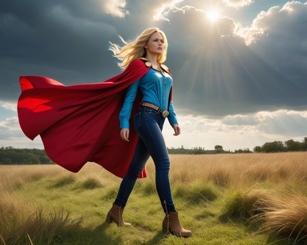 Heroic Figure in Sunlit Field with Red Cape