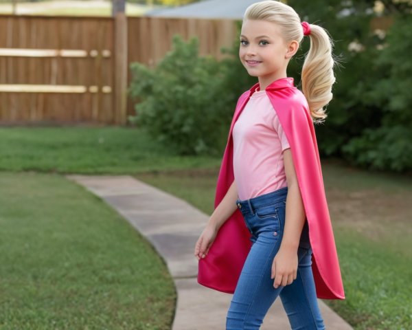Young girl in backyard with superhero cape and jeans