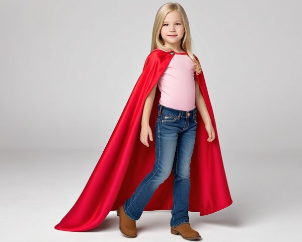 Young girl in pink shirt and red cape with jeans