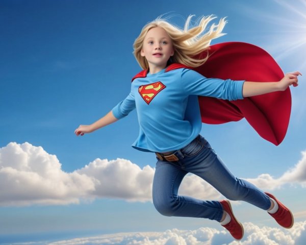Young girl in superhero shirt flying in blue sky