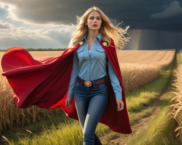 Confident Woman in Wheat Field with Dramatic Cape