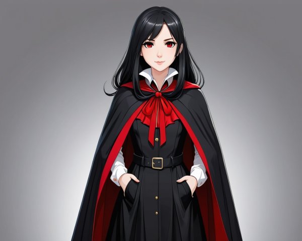 Confident Young Woman in Stylish Black Outfit with Cape