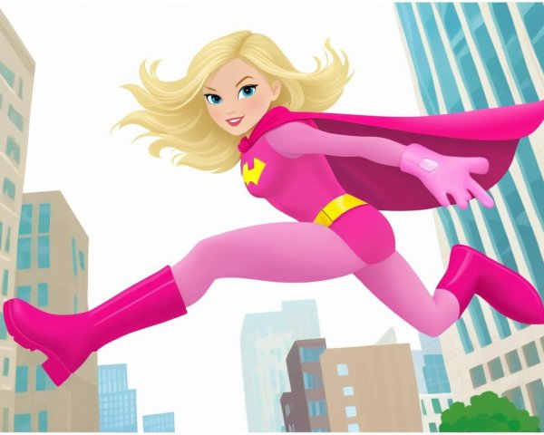 Superhero Character in Pink Costume Soaring Over City