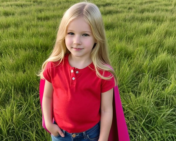 Young girl in red shirt and pink cape in green field
