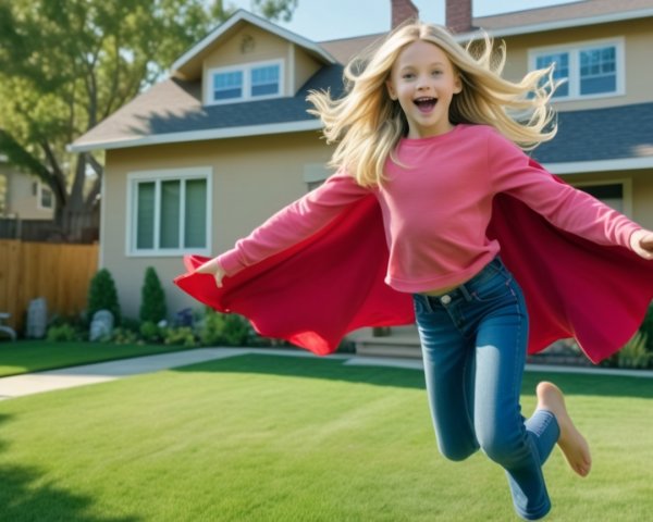 Joyful young girl in pink sweater and red cape