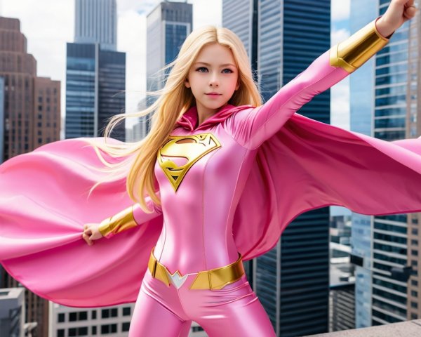 Confident Woman in Shimmering Pink Superhero Costume
